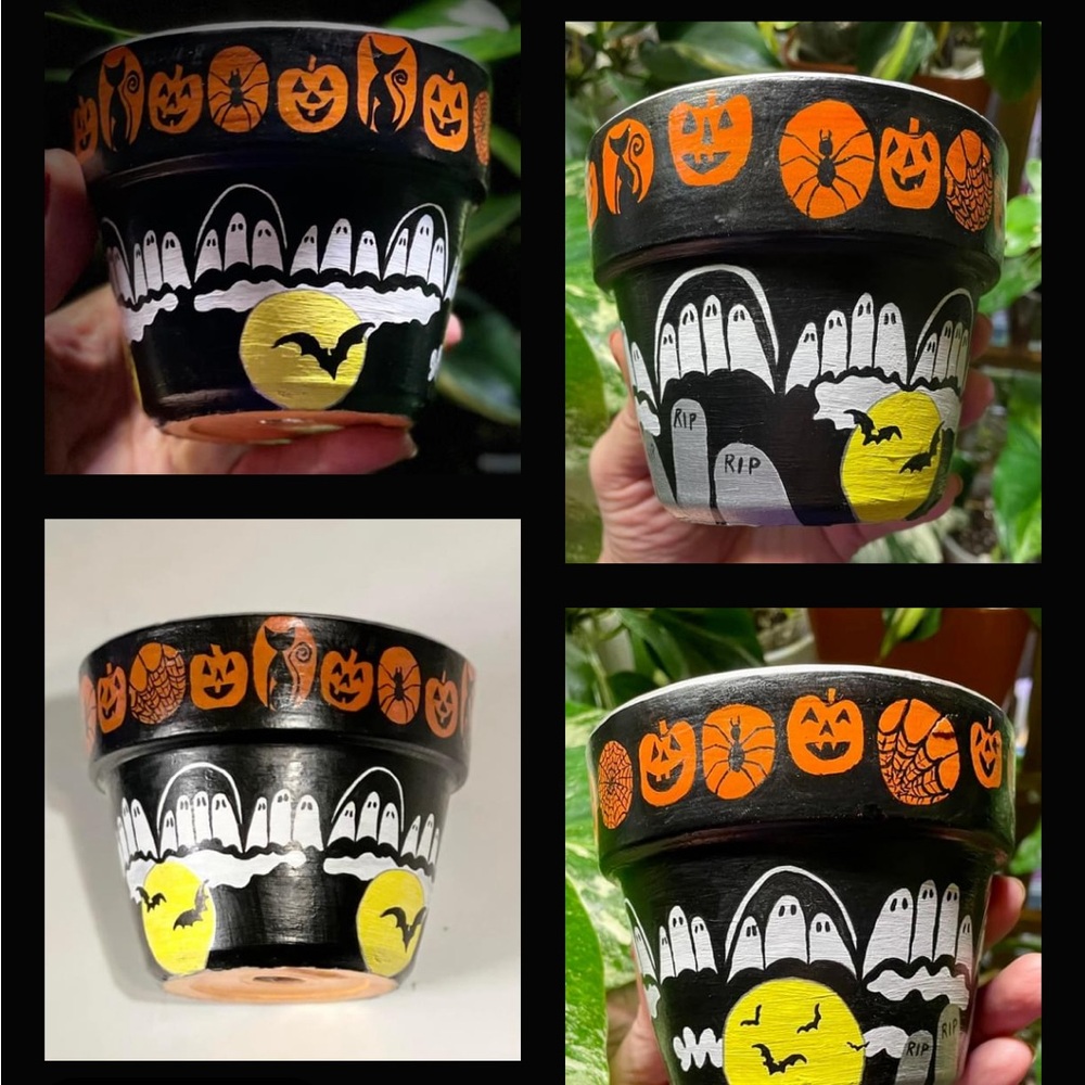 Halloween themed, hand painted pot